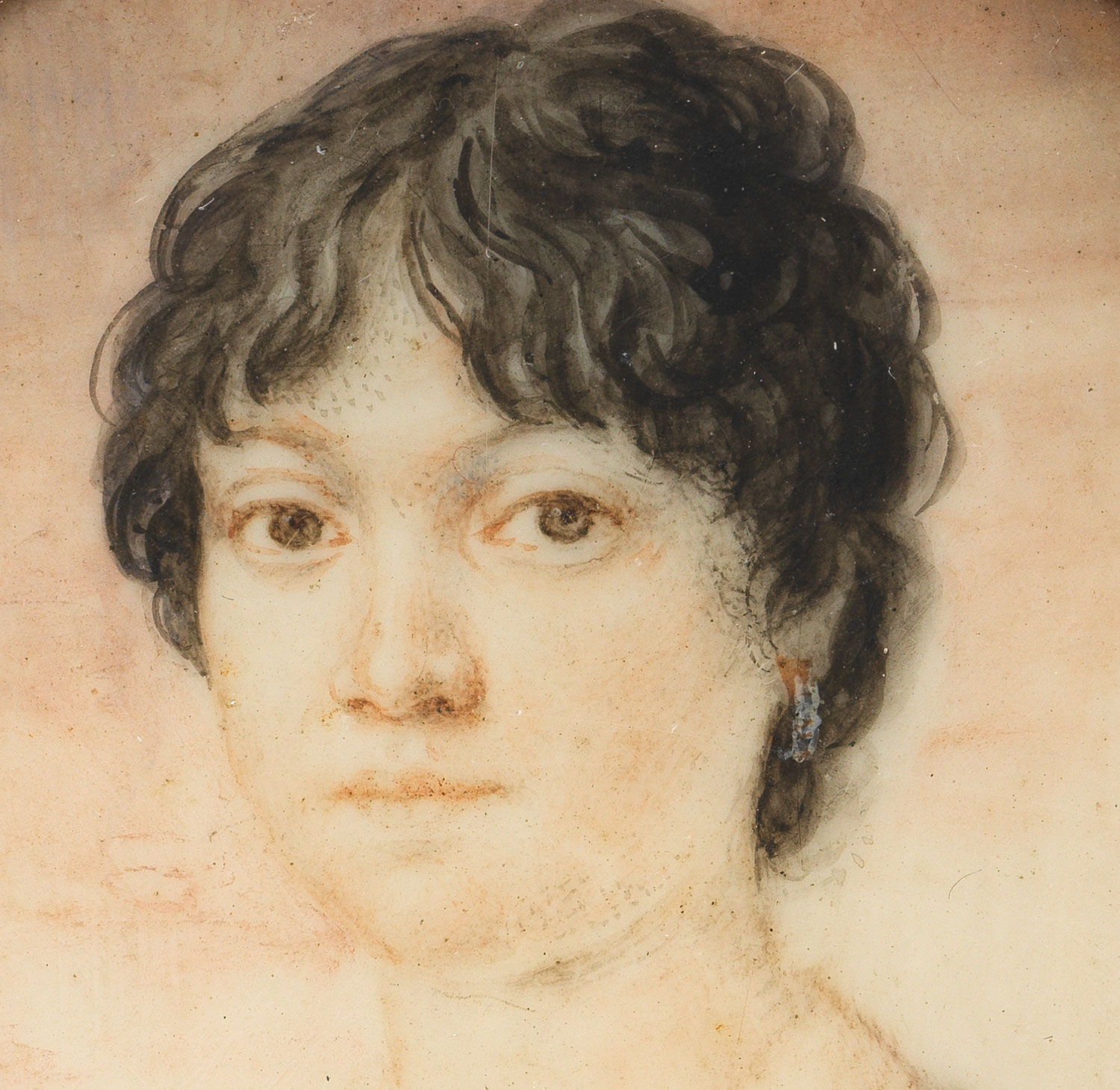 Porträt einer dunkelhaarigen jungen Frau auf Porzellan 