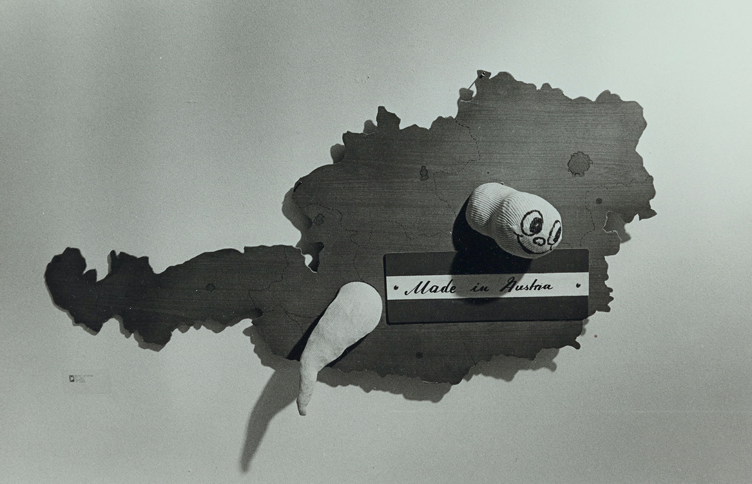 Eine Holzplatte in Form Österreichs mit einem Holzwurm und der Plakette „Made in Austria”. 