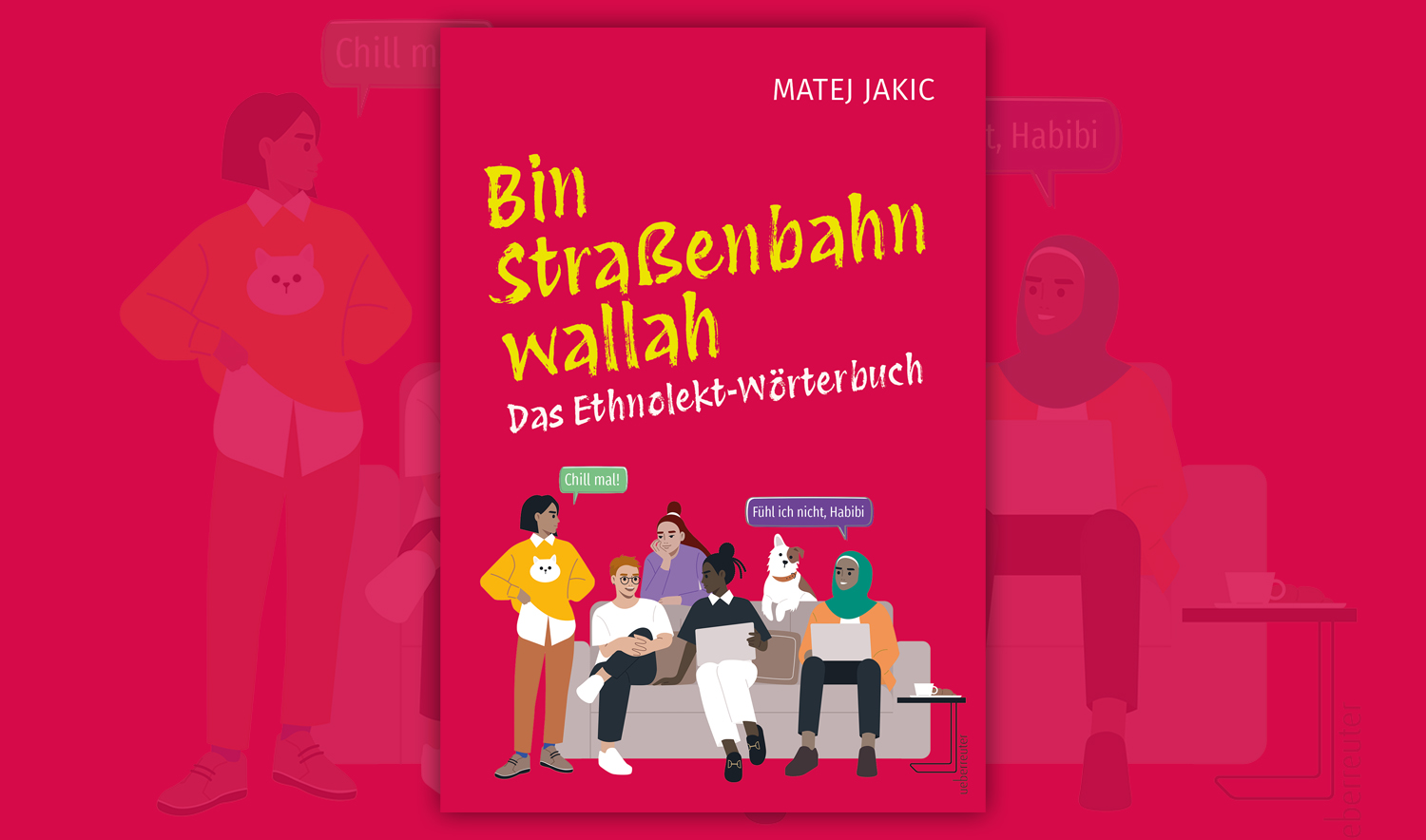 Auf einer Couch sitzen bzw. stehen junge Menschen verschiedener Herkunft mit einem Hund. 