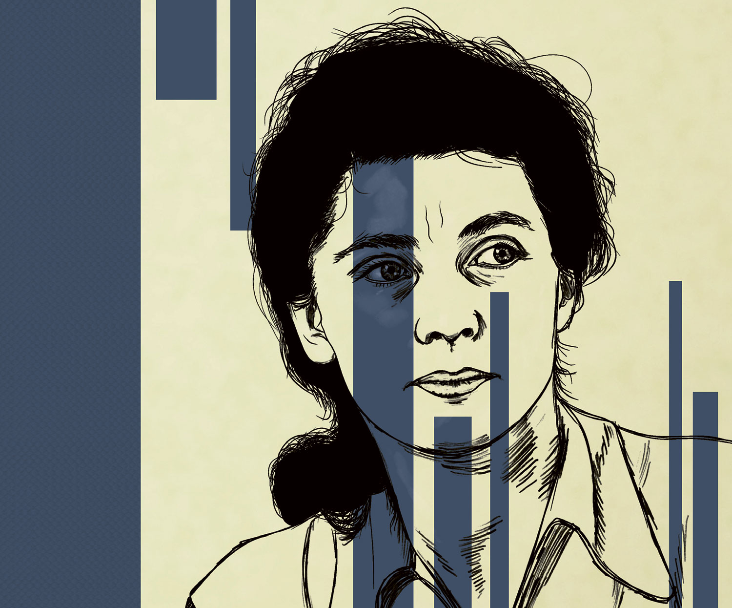 Umrisszeichnung der Autorin und blauen Balken 