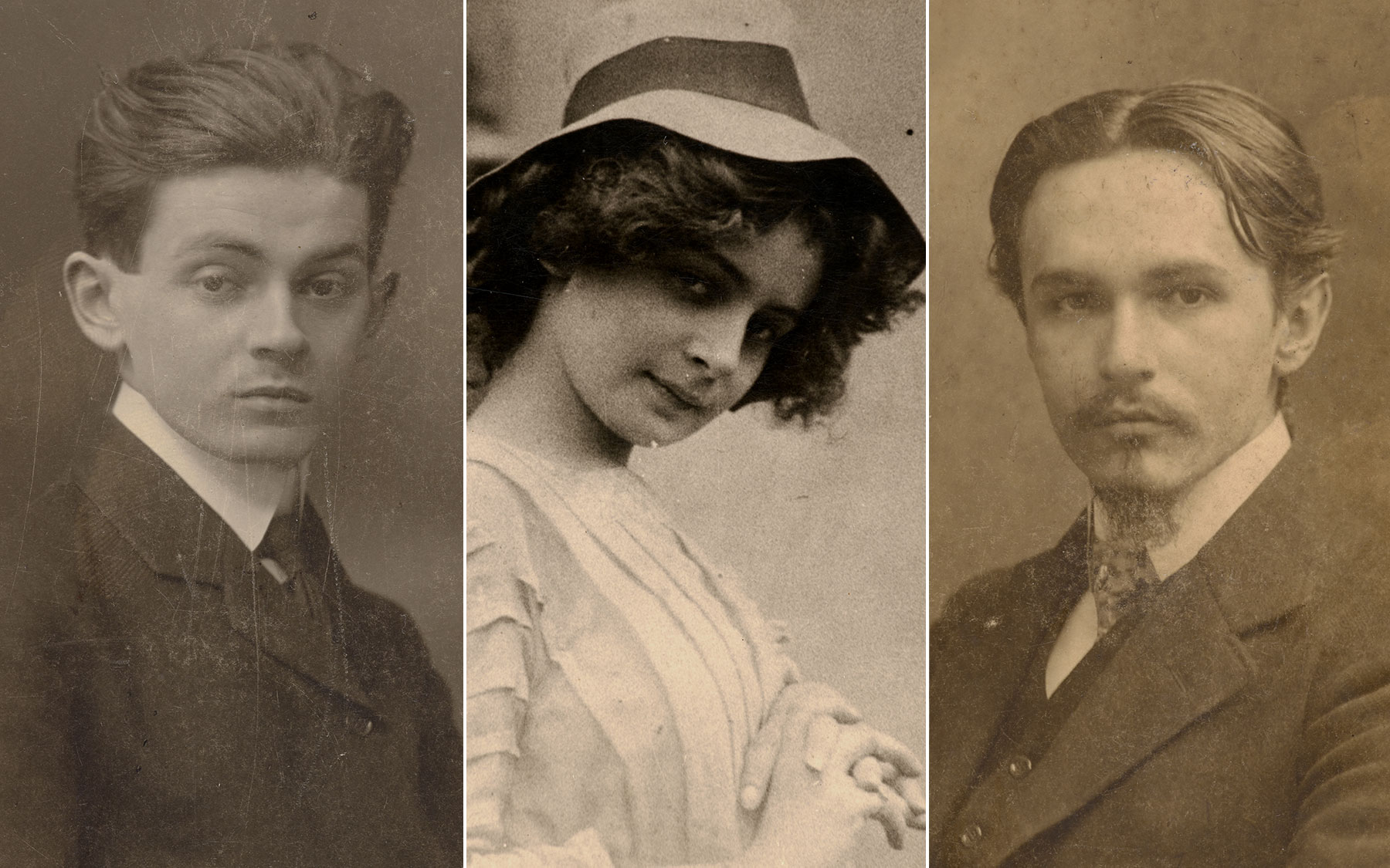 Einzelporträts von Egon Schiele, Gerti Schiele und Anton Peschka nebeneinander