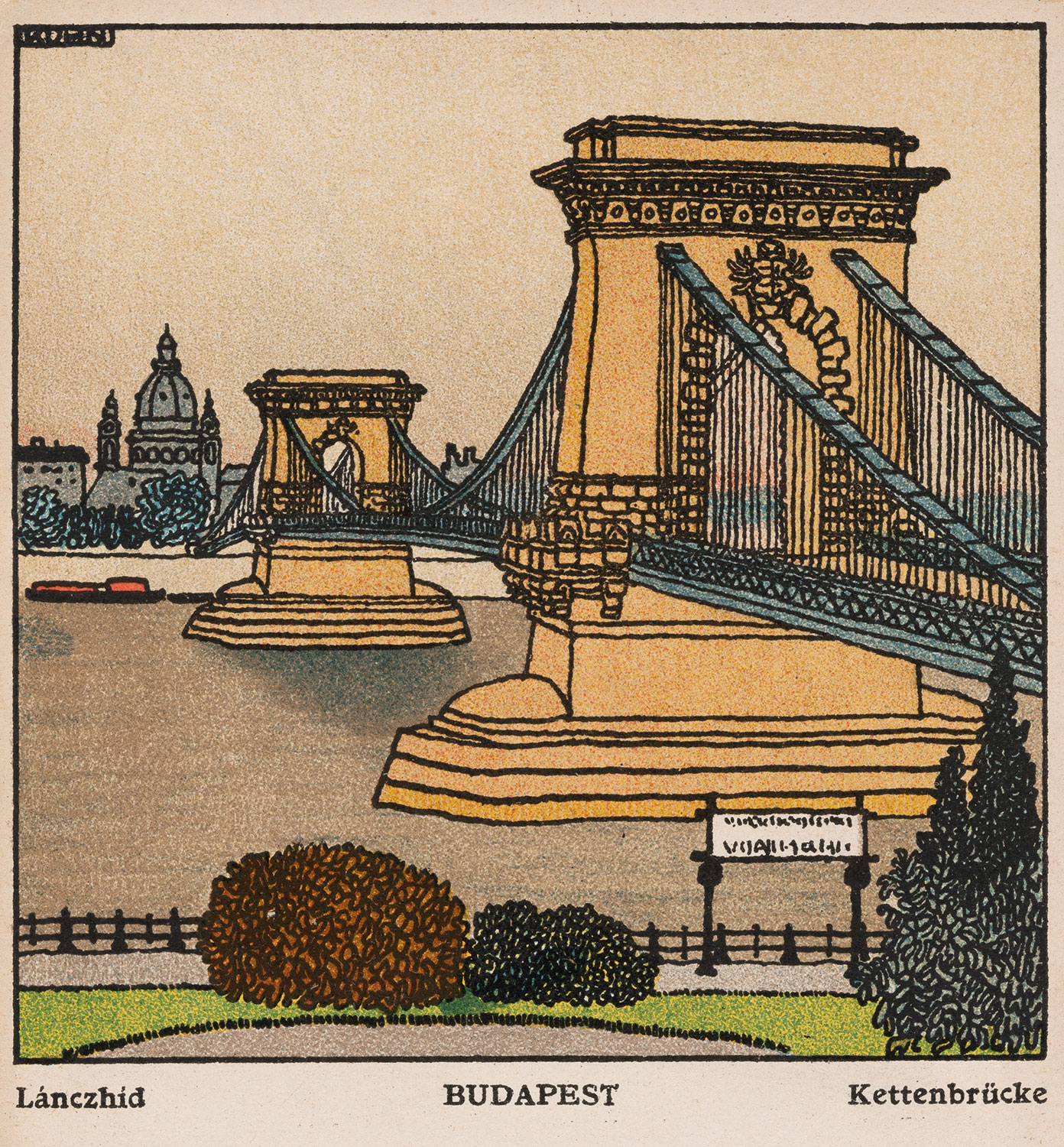 Bunte Postkarte mit der Brücke, auf der anderen Seite die Silhouette der Altstadt