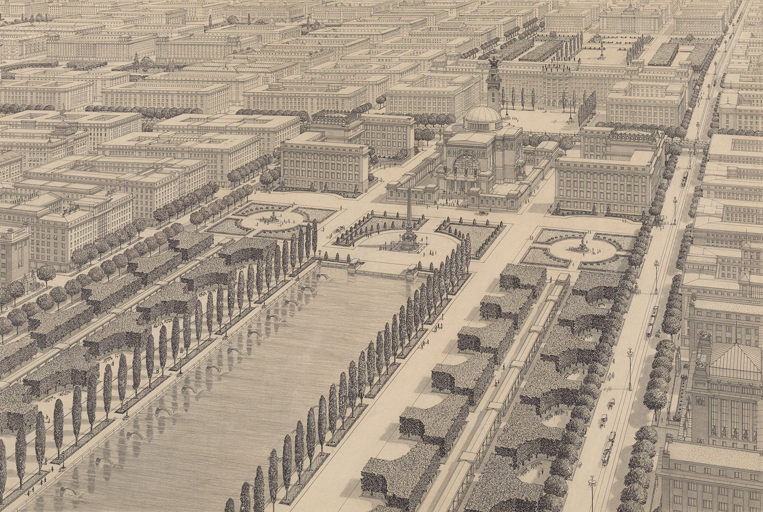 Bleistiftzeichnung einer rasterartig angelegten Stadt mit einer herrschaftlichen Parkanlage mit gewässer im Vordergrund