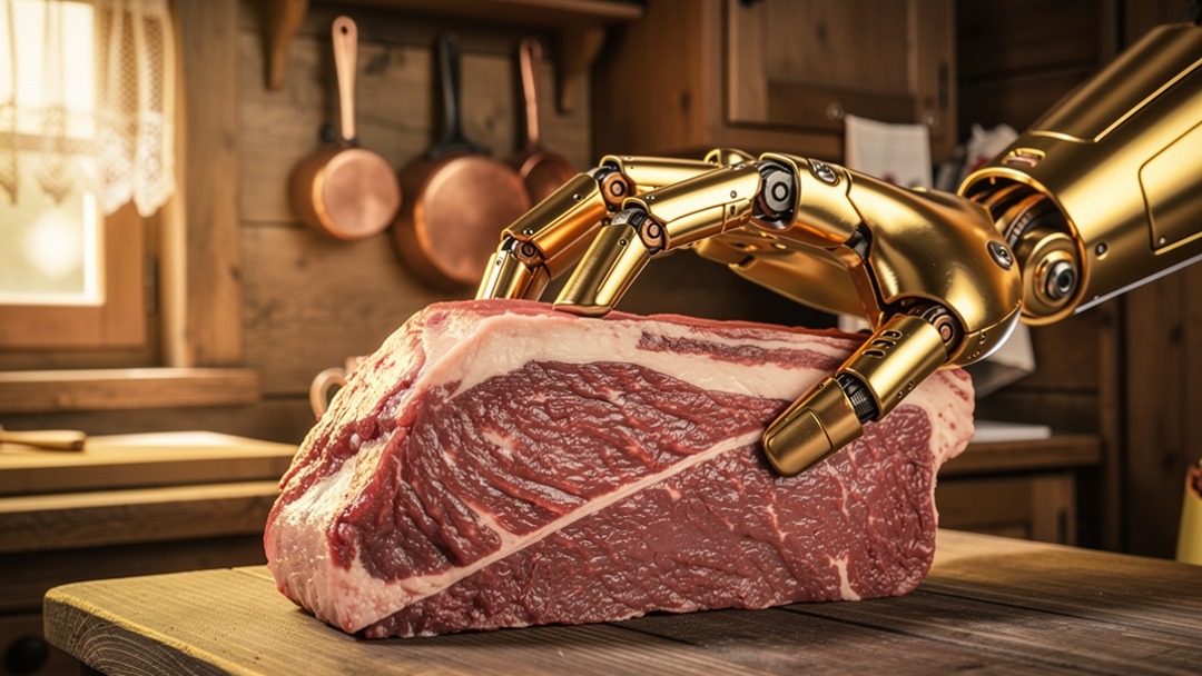 Roboterhand mit Stück Fleisch