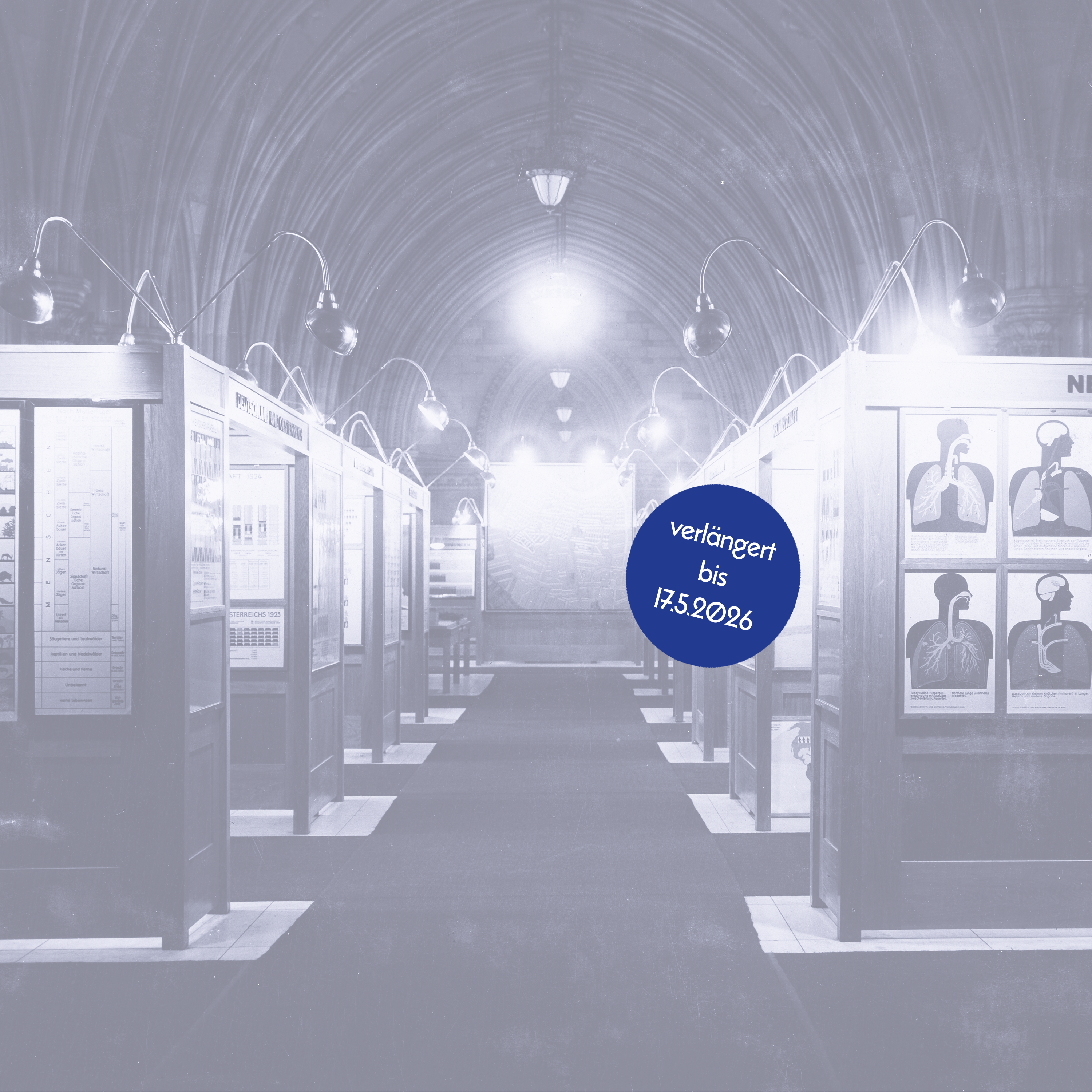 Schwarz-Weiß-Fotografie: Ausstellung, die beleuchtete Informationstafeln mit Diagrammen und Illustrationen zeigt