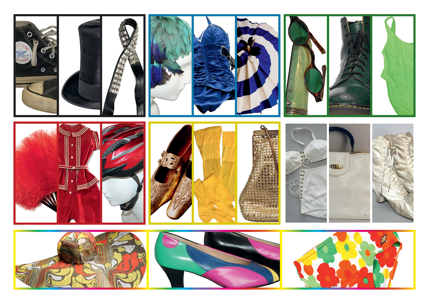 Collage aus verschiedenen Accessoires wie Schuhen, Taschen, Hüten etc. in verschiedenen Farben. 