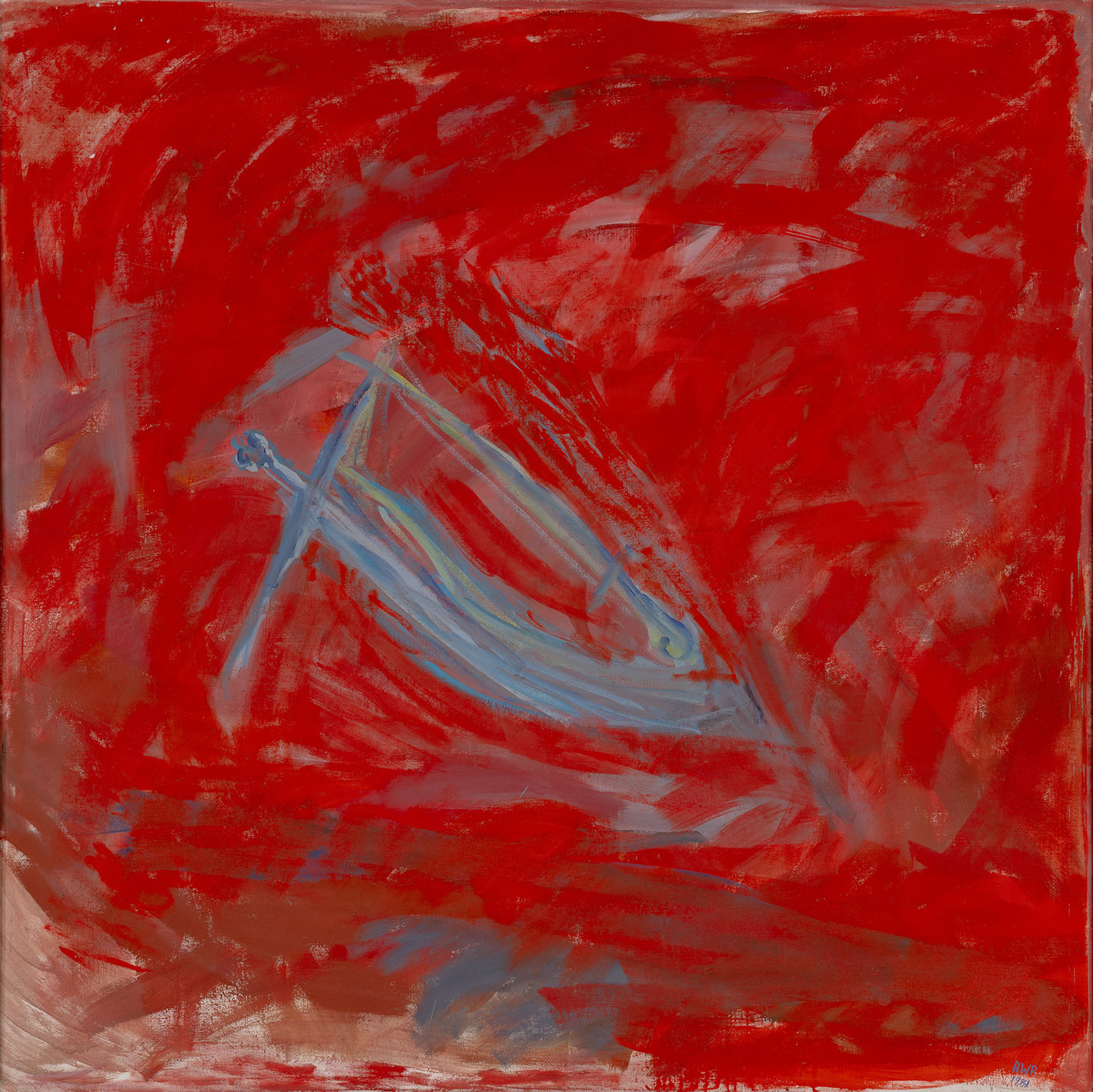 Abstraktes rotes Gemälde mit einer grauen Form in der Mitte