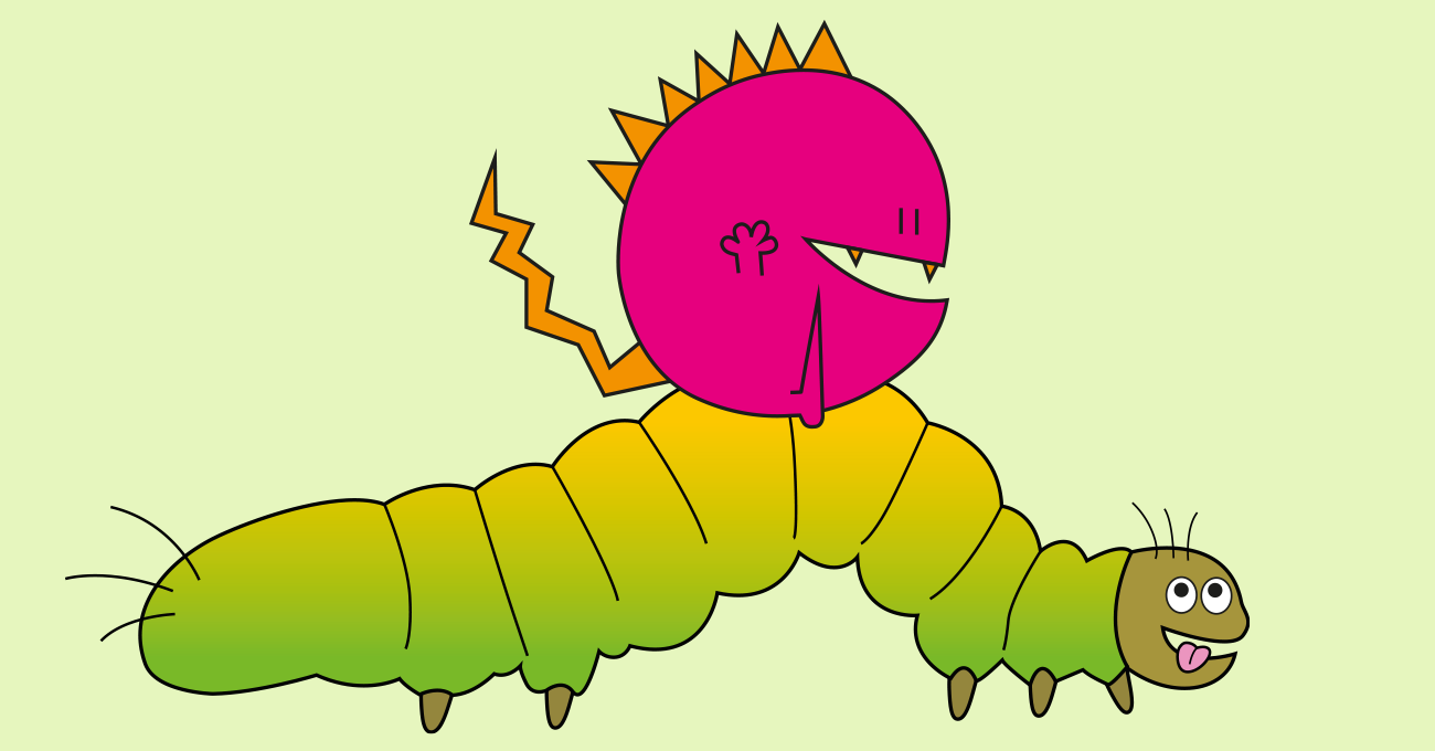 Rosa rundes Monster reitet auf einer großen grünen Raupe