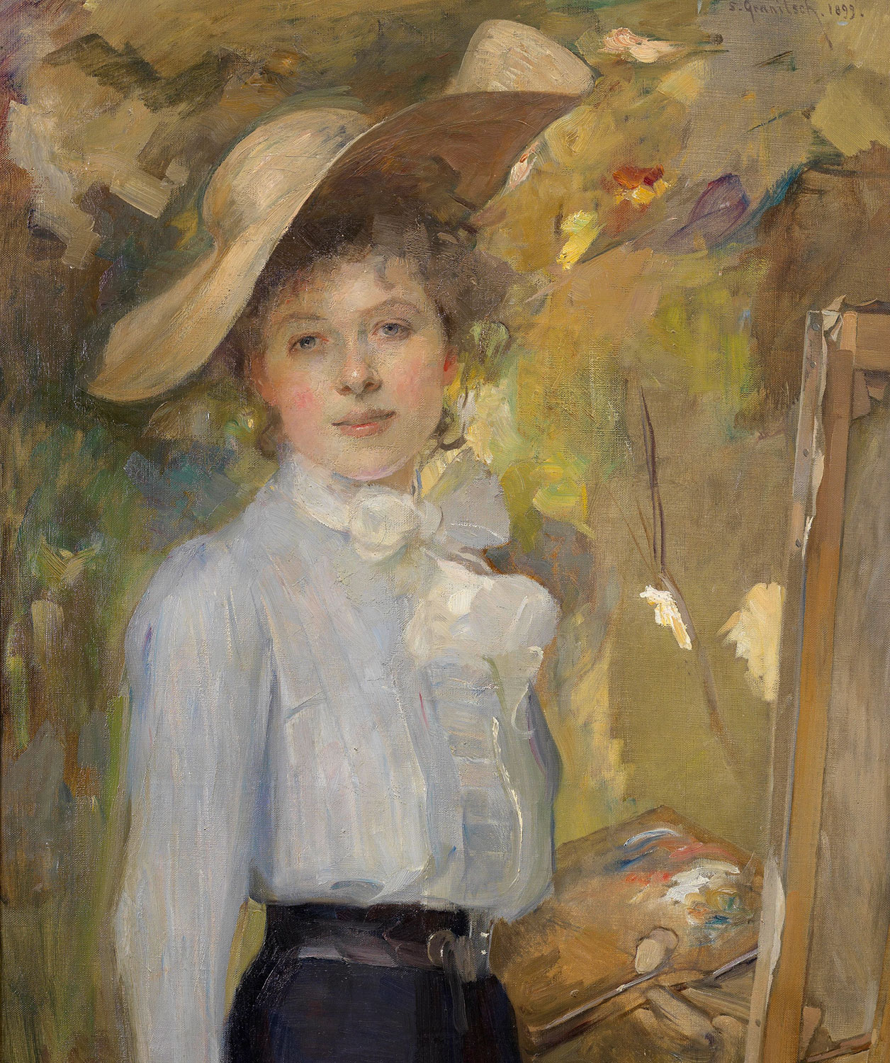 Malerin mit Hut und weißer Bluse und Farbpalette vor einer Leinwand