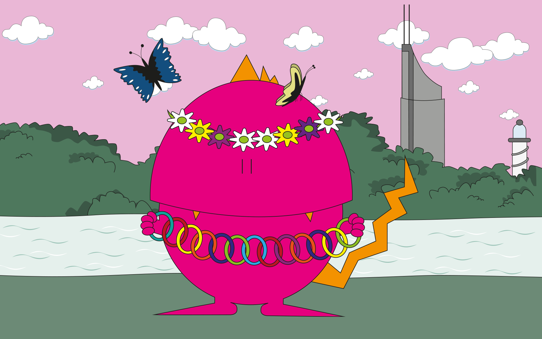 Rosa Monster mit Blumenkranz und bunter Girlande auf der Donauinsel mit Schmetterlingen 