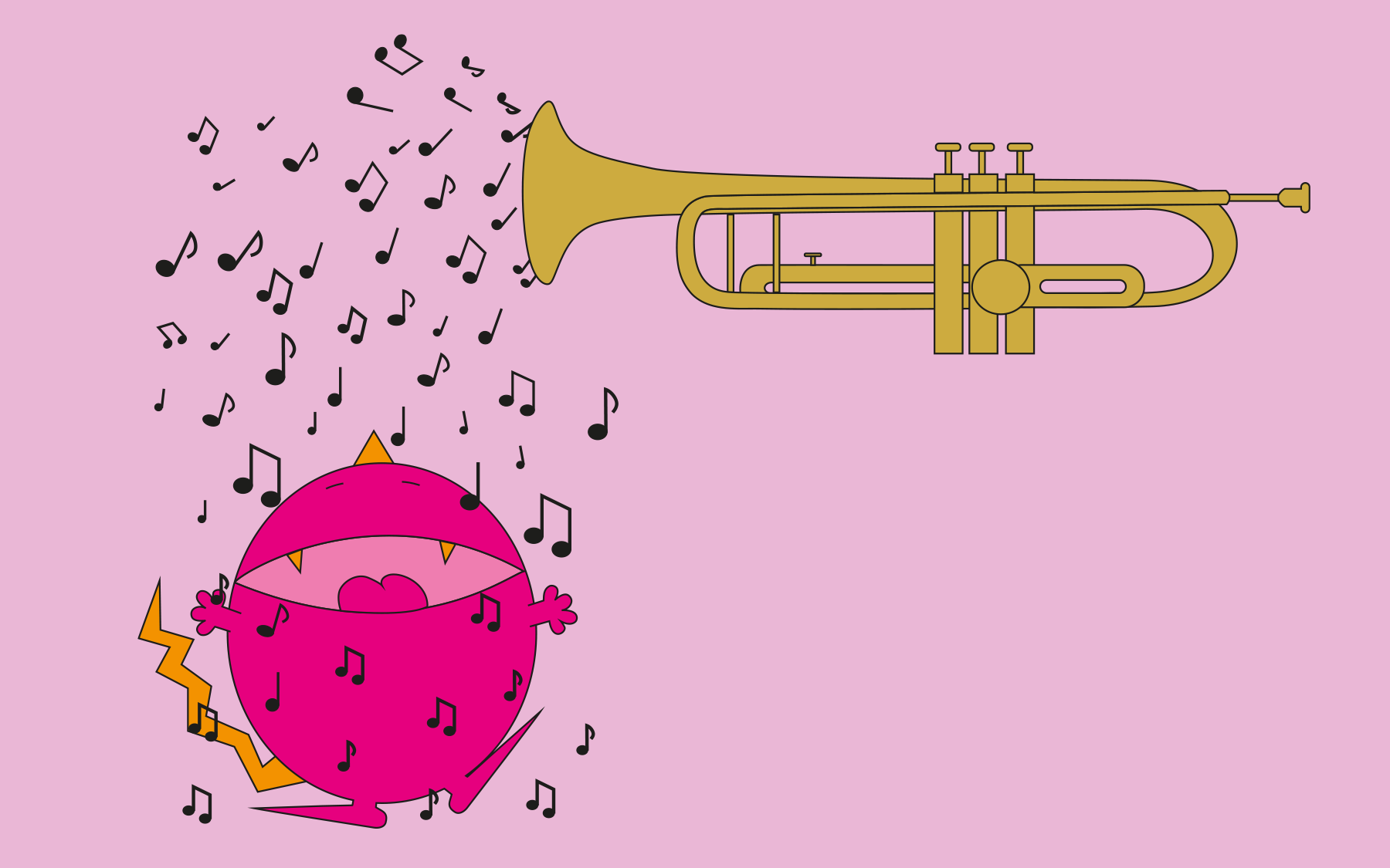 Rundes rosa Monster auf das Noten regnen aus einer Trompete