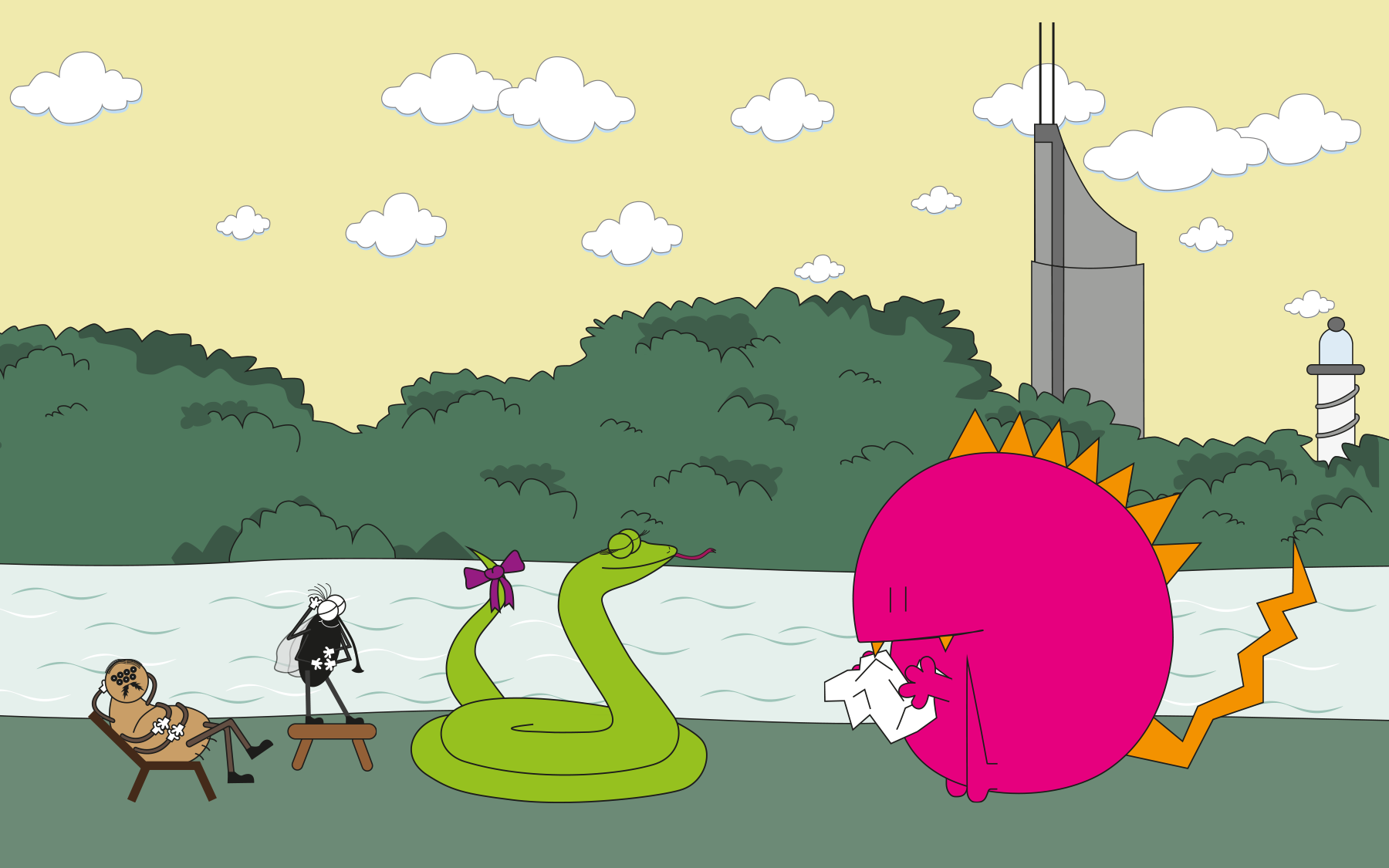 Eine Spinne auf Liegestuhl, ein Mosquito auf einem Hocker und eine Schlange mit rosa Masche stehen Modell für ein rundes rosa Monster welches versucht diese aus Papier zu falten