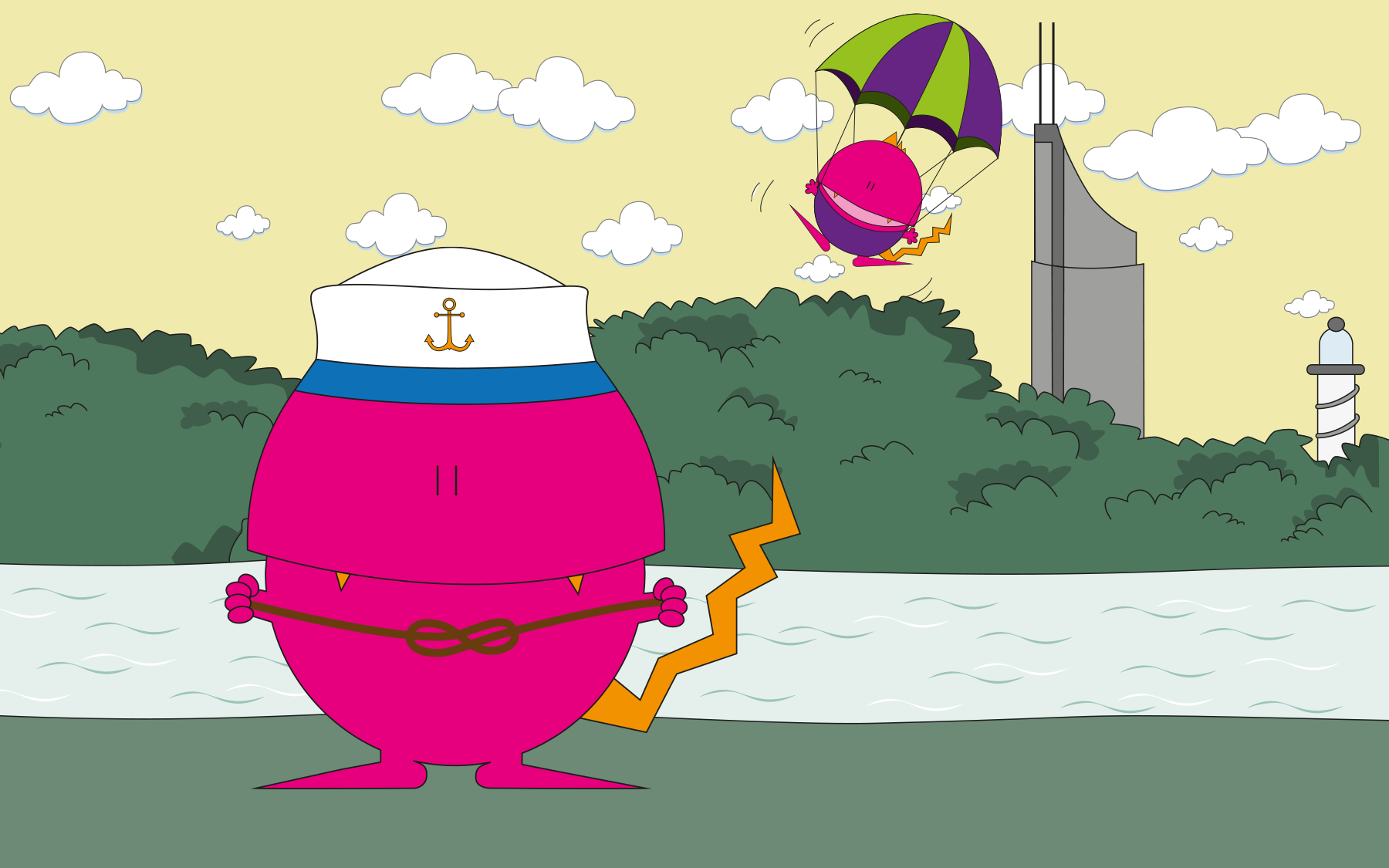 Rundes rosa Monster mit Kapitänsmütze und Knoten in der Hand steht auf der Donauinsel, ein rundes rosa Monster ist dahinter mit einem Fallschirm in der Luft 