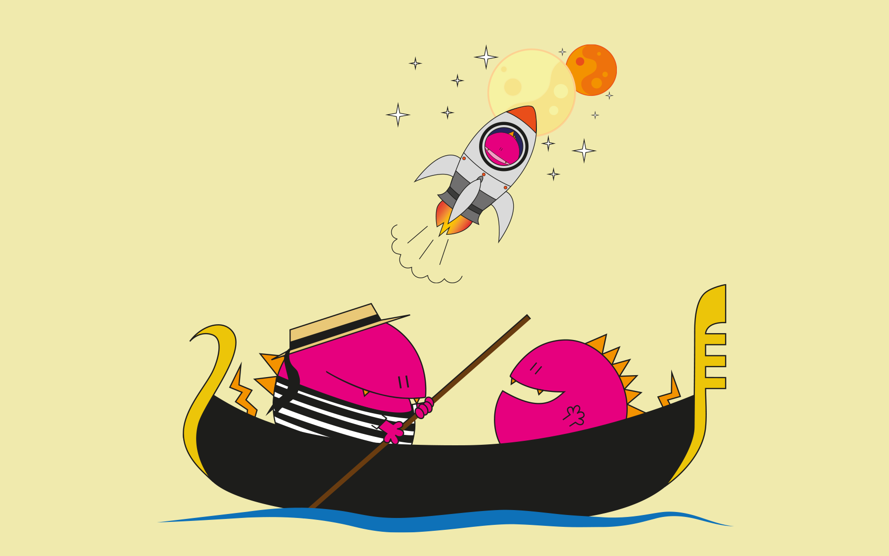 Venezianische Gondel mit einem rosa runden Monster in gestreiftem T Shirt und Strohhut und einem weiteren runden rosa Monster, darüber schwebt einen Rakete 