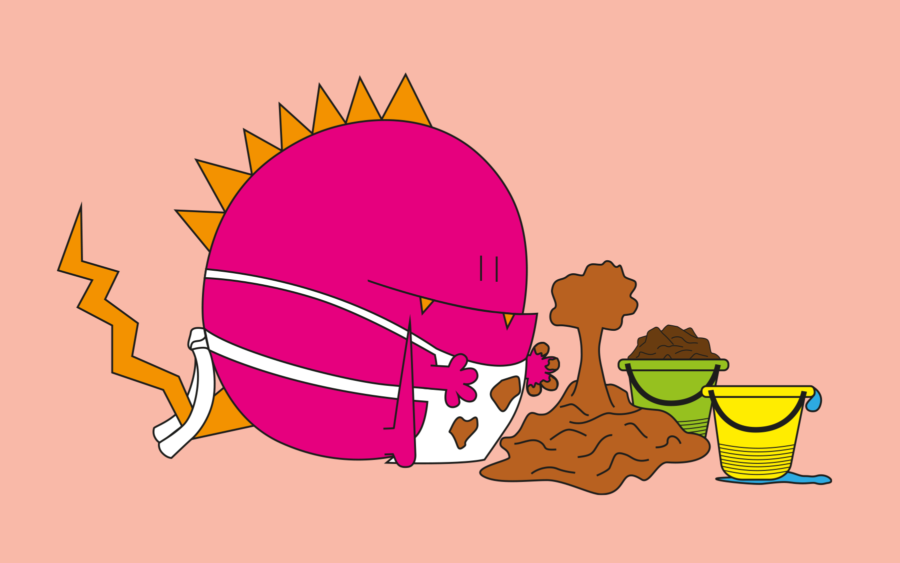 Ein rundes rosa Monster mit einer weißen Schürze bastelt mit Ton und davor stehen zwei Kübel voller Ton