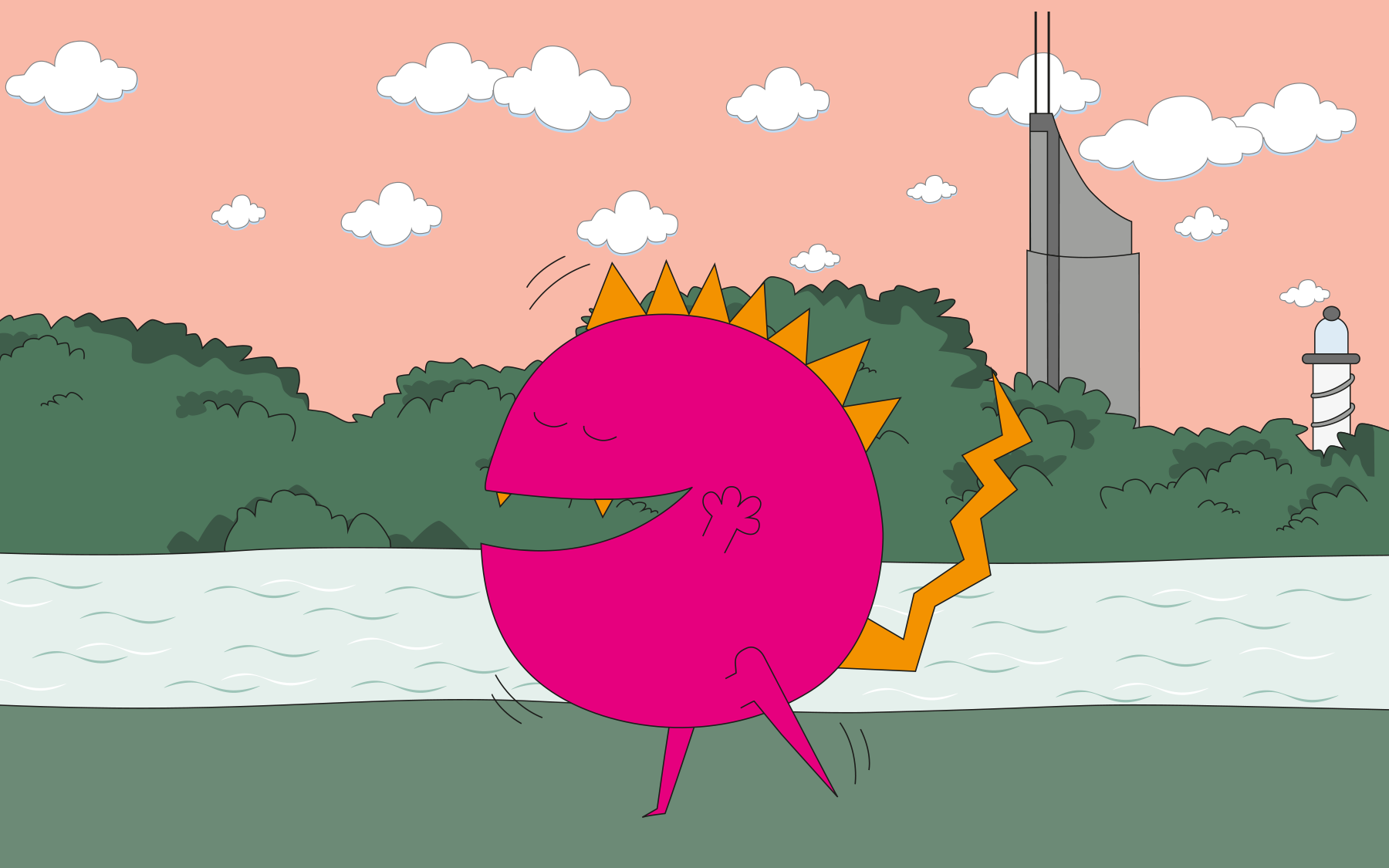 Ein rundes rosa Monster tanzt auf der Donauinsel