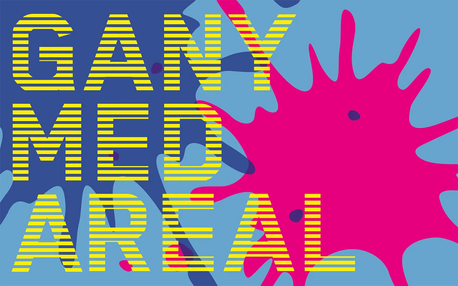 Blaues Poster mit gelber Schrift und pinkem Klecks