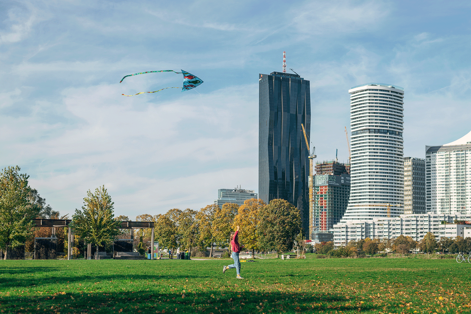 Mädchen mit einem Drachen auf einer Wiese