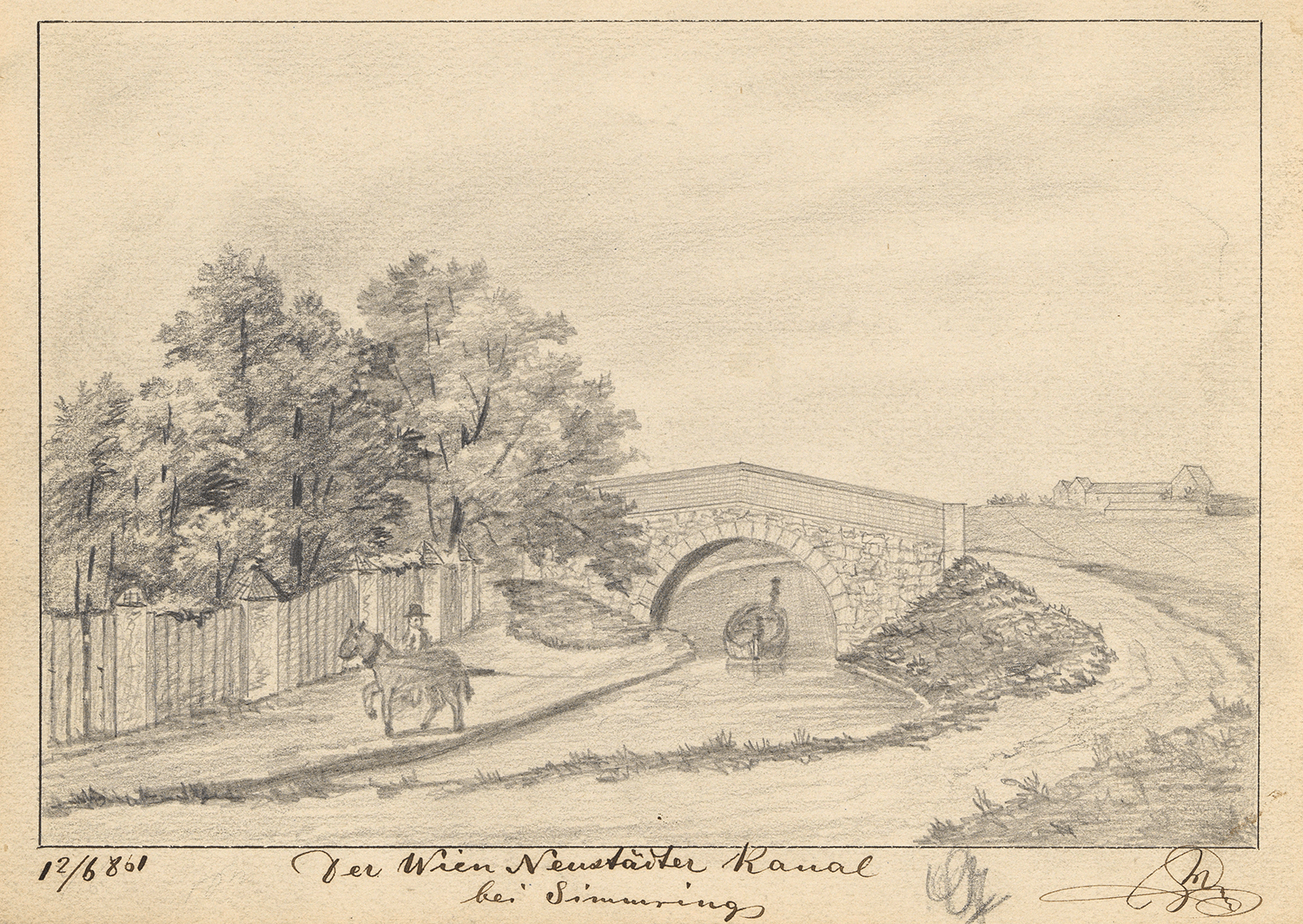 Kanal mit einer Brücke, darunter ein Boot und am Ufer ein Reiter