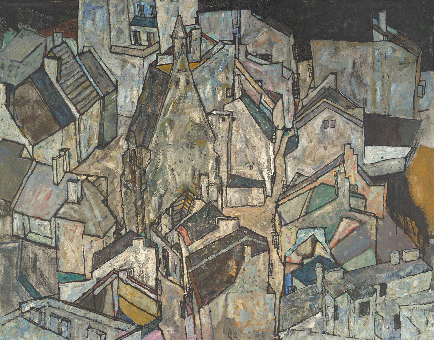 Expressionistische Ansicht von Häusern in Mödling zeigt. Im Vordergrund sind stilisierte, kahle Bäume oder Sträucher zu sehen, die vor einer Reihe von dicht gedrängten, farbigen Häuserfassaden stehen. 