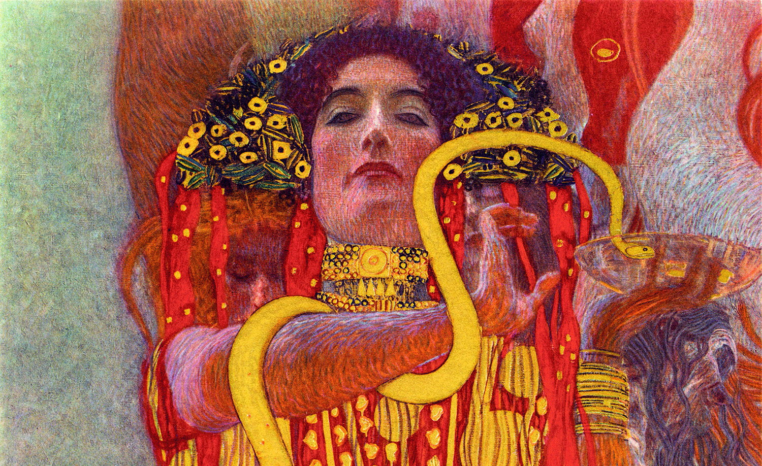 Opulent in Gold gekleidete Frauenperson mit einer Schlange und einer Schale in den Händen