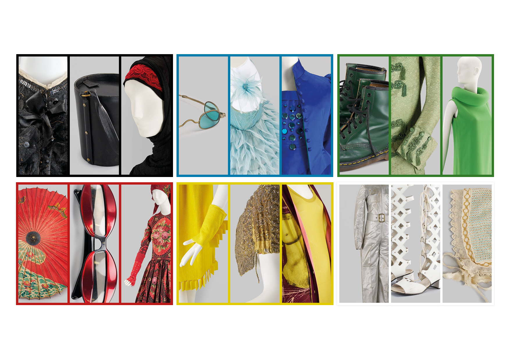 Collage aus verschiedenen Accessoires wie Schuhen, Taschen, Hüten etc. in verschiedenen Farben. 