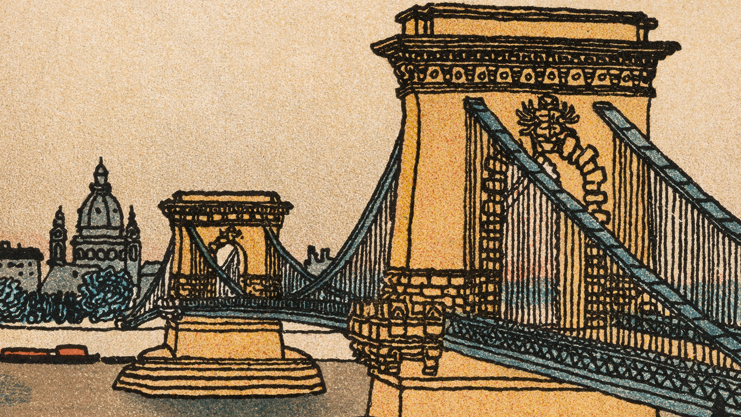 Bunte Postkarte mit der Brücke, auf der anderen Seite die Silhouette der Altstadt