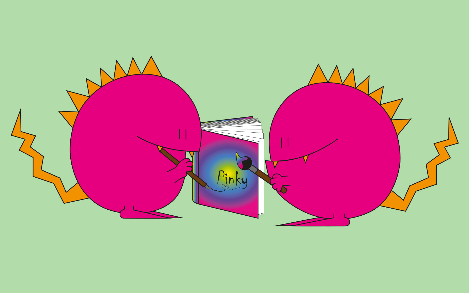 Zwei runde pinke Monster malen beziehungsweise schreiben in ein Buch 