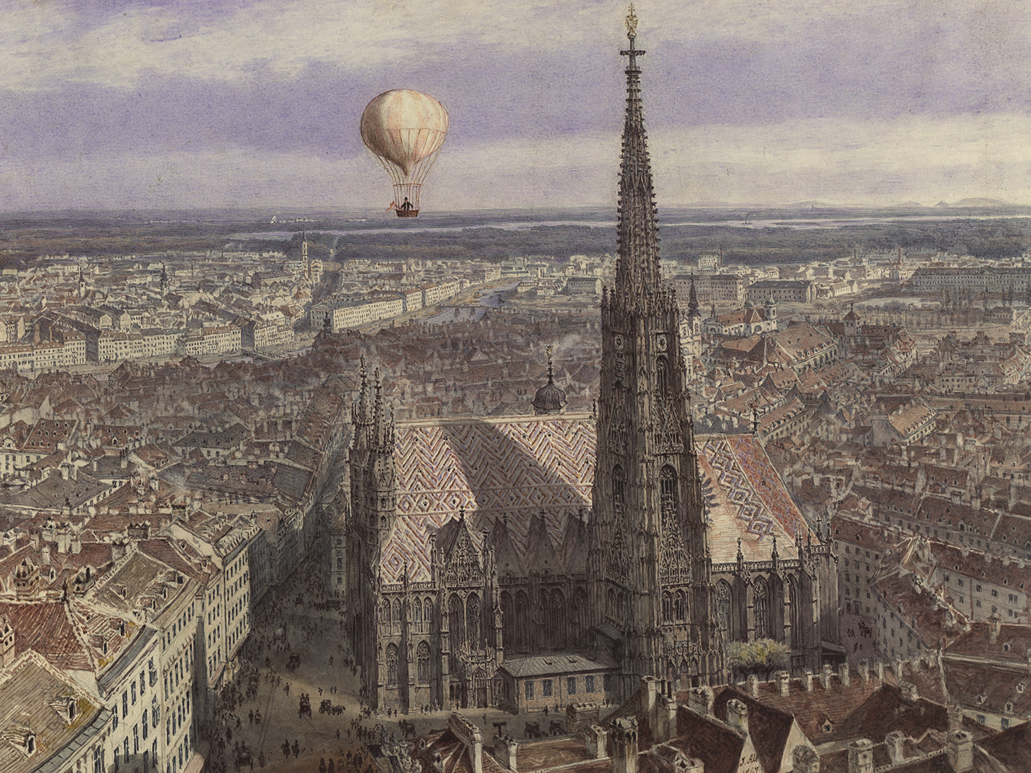 Ballon mit Passagier schwebt über dem Stephansdom und der Innenstadt