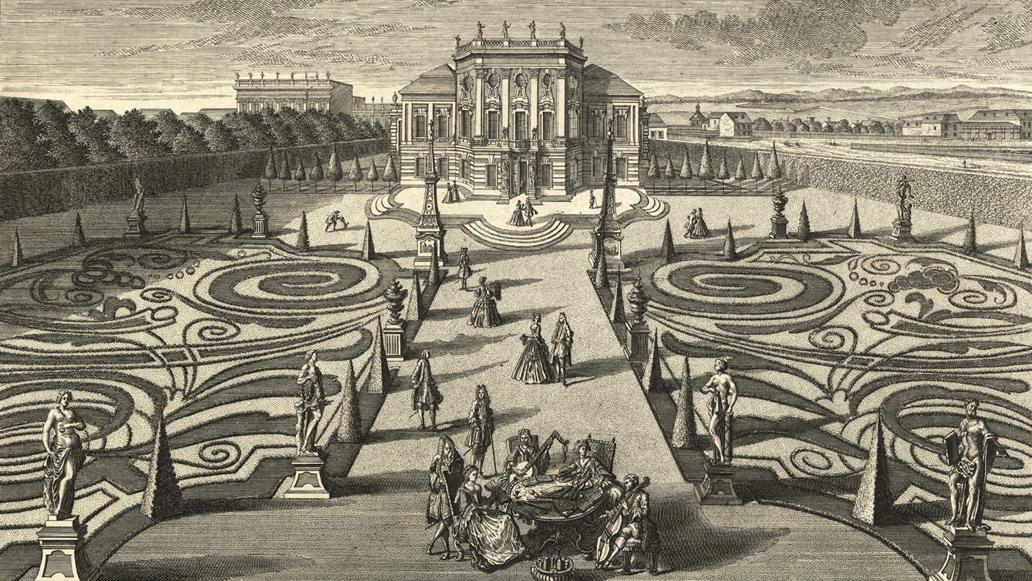 Barocke Gartenanlage mit flanierenden Menschen 