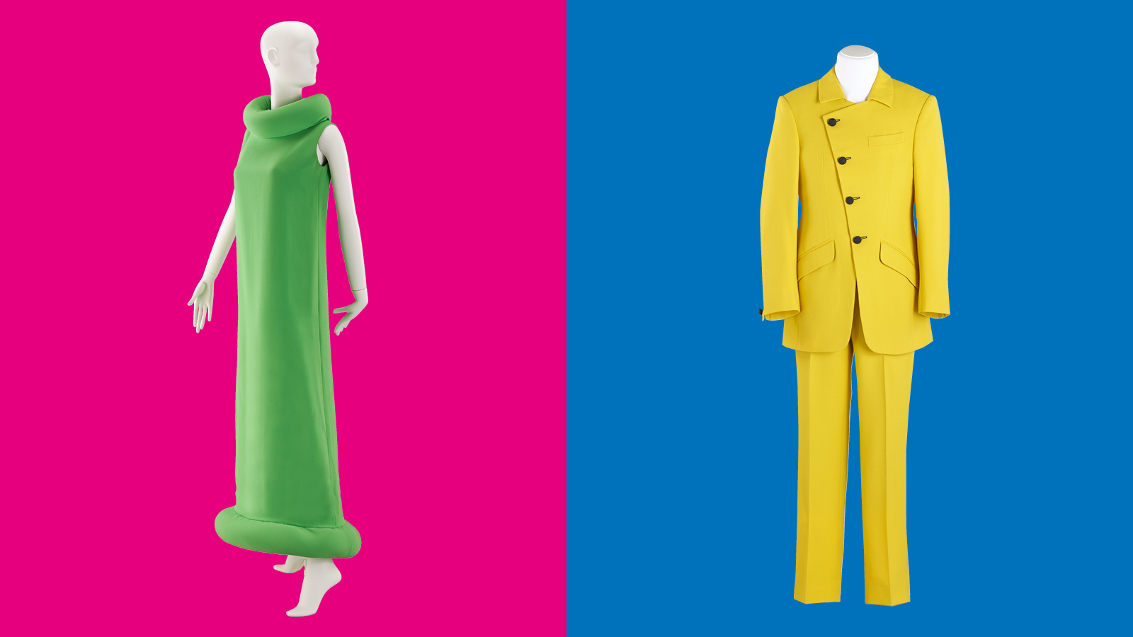 Grünes Kleid vor pinkem Hintergrund und gelber Anzug vor blauem Hintergrund
