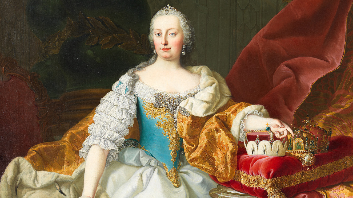 Portr&auml;t von Maria Theresia in wei&szlig;/blauem Kleid mit all ihren prunkvollen Insignien
