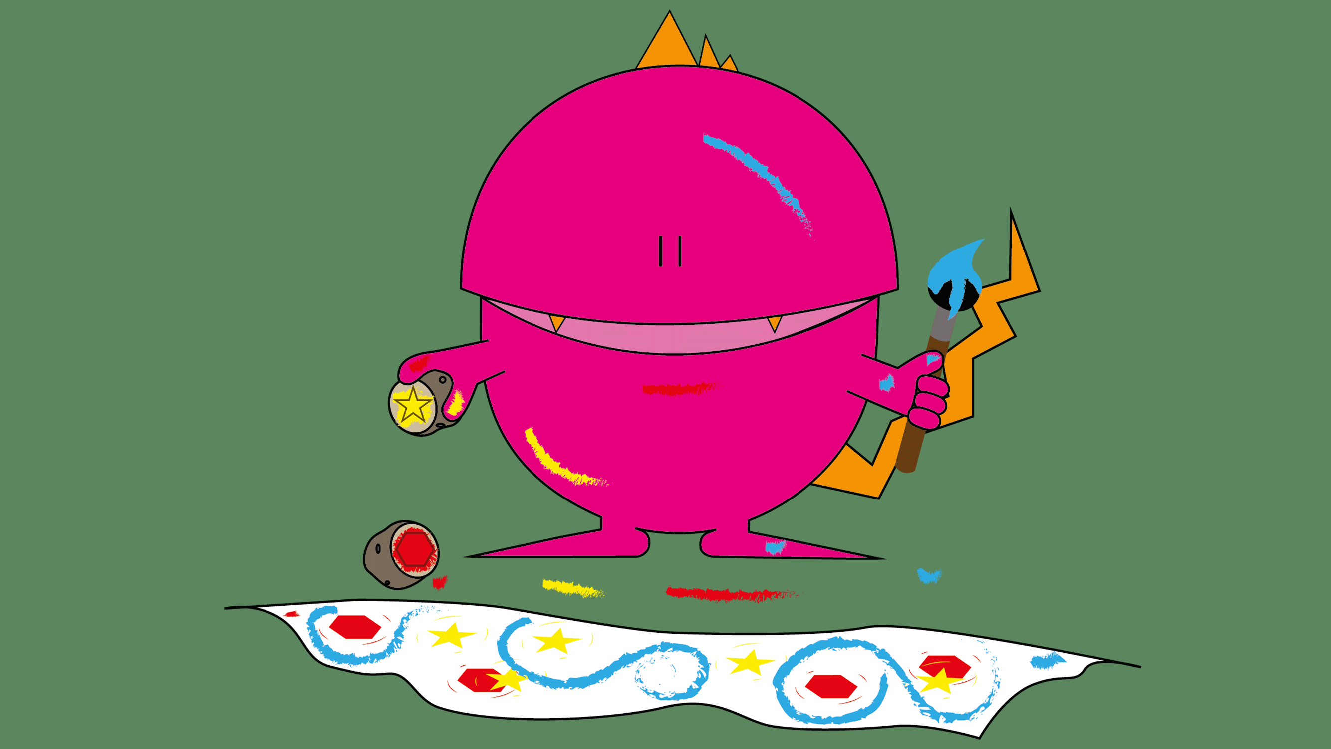 Rundes pinkes Monster mit Stempel und Pinsel