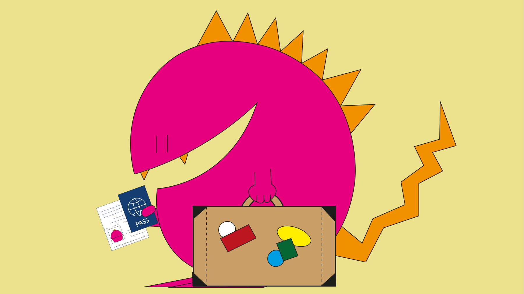Rundes pinkes Monster mit Koffer und Ausweis in der Hand