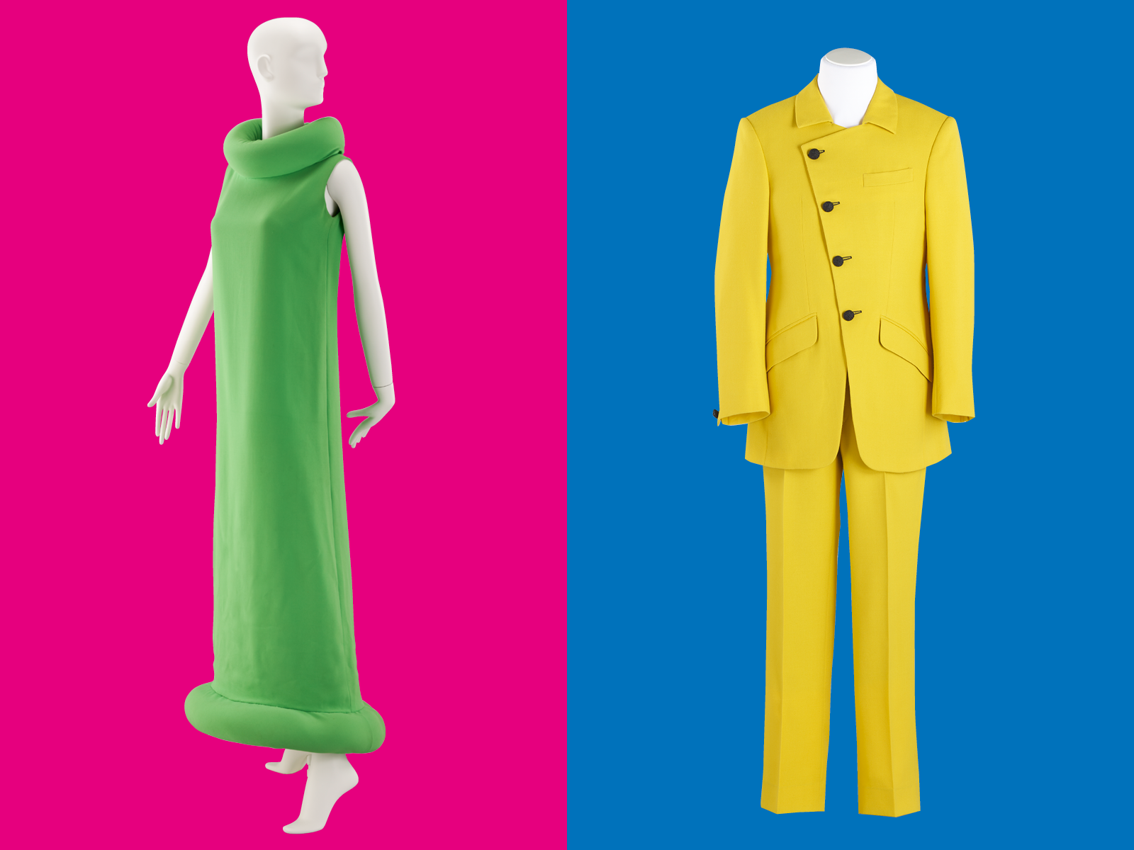 Grünes Kleid vor pinkem Hintergrund und gelber Anzug vor blauem Hintergrund