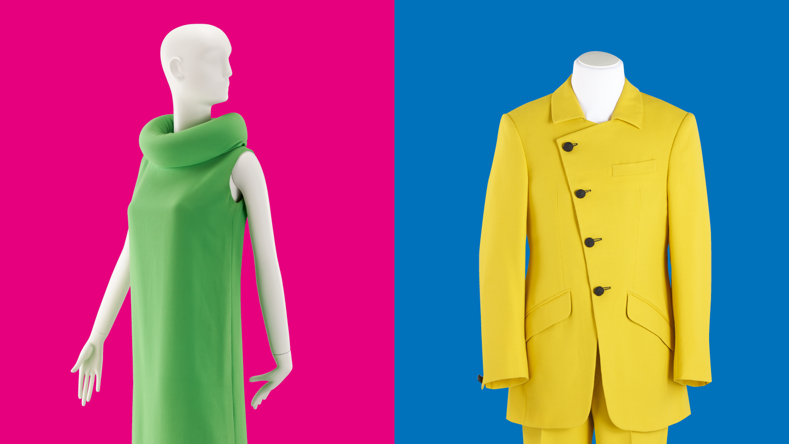 Grünes Kleid vor pinkem Hintergrund und gelber Anzug vor blauem Hintergrund